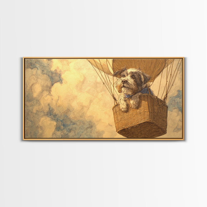 Dog in a Hot Air Balloon Framed Canvas Print, Whimsical Art, Contemporary Art, Living Room Decor, Fine Art, Wonder, Art Nouveau, WHI-2x1-10