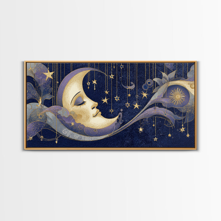 Moon with Sleeping Face and Dangling Stars Framed Canvas Print, Whimsical Art, Room Decor, Living Room Decor, Oil Painting, WHI-2x1-12