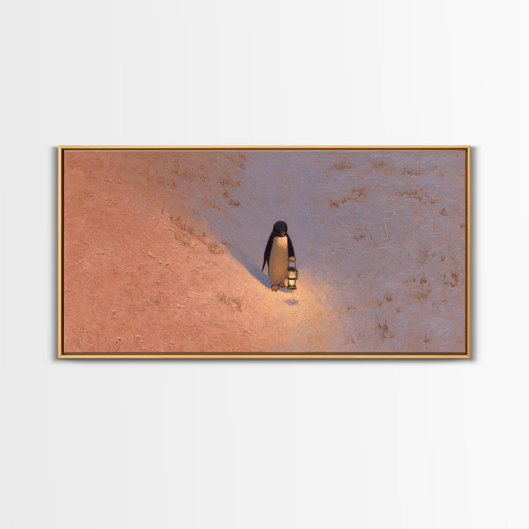 Penguin Holding a Lantern Framed Canvas Print, Whimsical Art, Digital Art, Living Room Decor, Fine Art, Wonder, Nursery, WHI-2x1-13