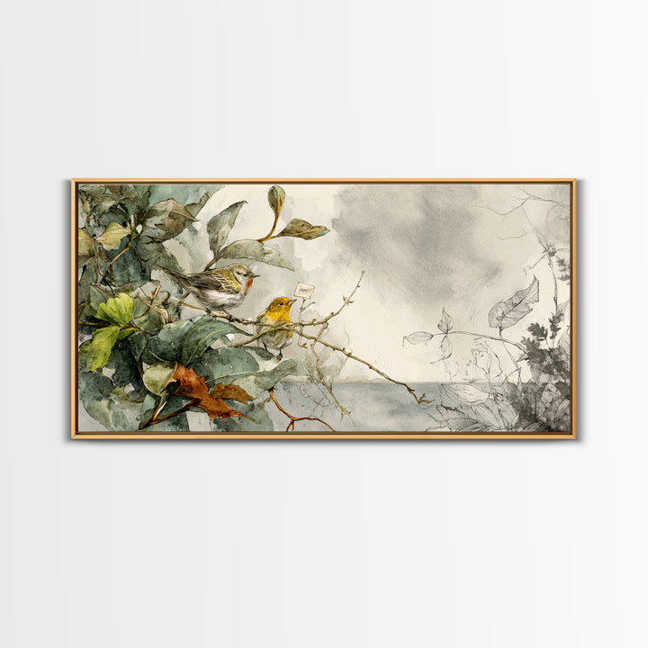 Bird Delivering a Tiny Love Letter Framed Canvas Print, Whimsical Art, Cat Art, Living Room Decor, Fine Art, Wonder, WHI-2x1-19