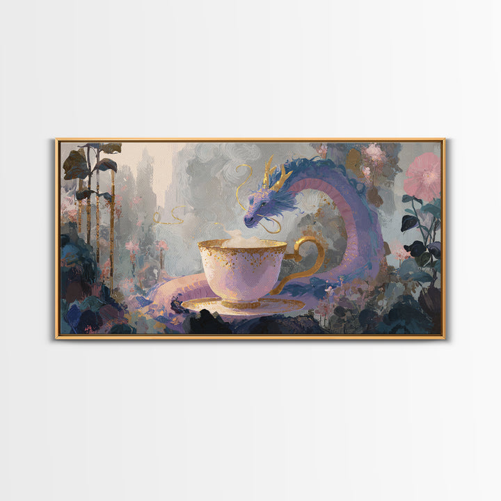 Dragon Curled Around a Teacup Framed Canvas Print, Whimsical Art, Statement Artwork, Living Room Decor, Fine Art, Wonder, WHI-2x1-20