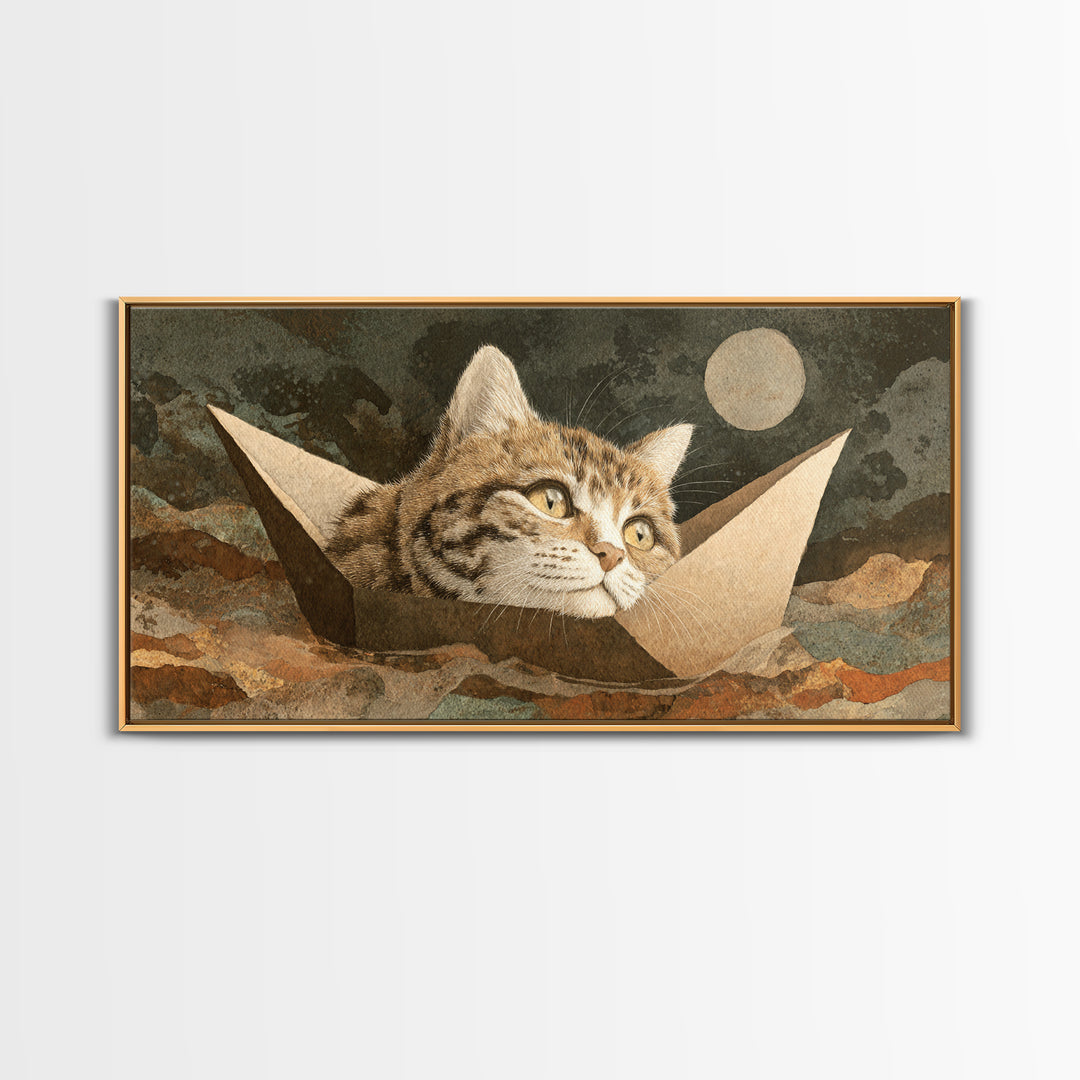 Cat Sailing a Paper Boat Canvas Print, Whimsical Art, Textured Painting, Living Room Decor, Fine Art, Wonder, Nursery Decor, WHI-2x1-22