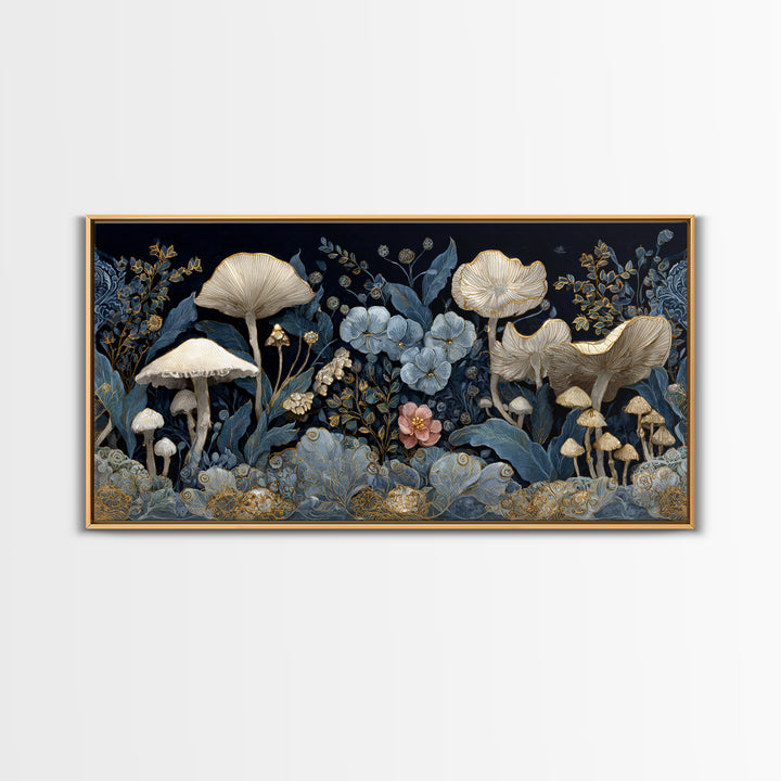 Teacup Garden with Tiny Mushrooms Framed Canvas Print, Whimsical Art, Minimalist Decor, Living Room Decor, Oil Painting, Wonder, WHI-2x1-24
