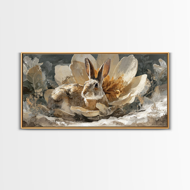 Rabbit Reading Beneath a Giant Flower Framed Canvas Print, Whimsical Art, Oil Painting, Living Room Decor, Wonder, WHI-2x1-25