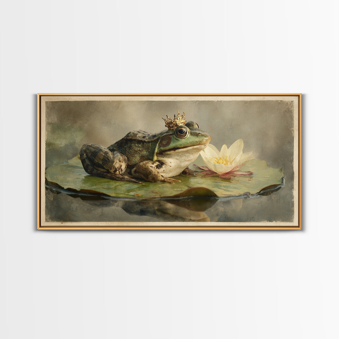 Frog Prince on a Lily Pad Framed Canvas Print, Whimsical Art, Contemporary Art, Living Room Decor, Wonder, Art Nouveau, WHI-2x1-28