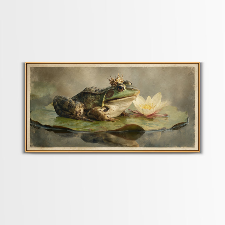 Frog Prince on a Lily Pad Framed Canvas Print, Whimsical Art, Contemporary Art, Living Room Decor, Wonder, Art Nouveau, WHI-2x1-28