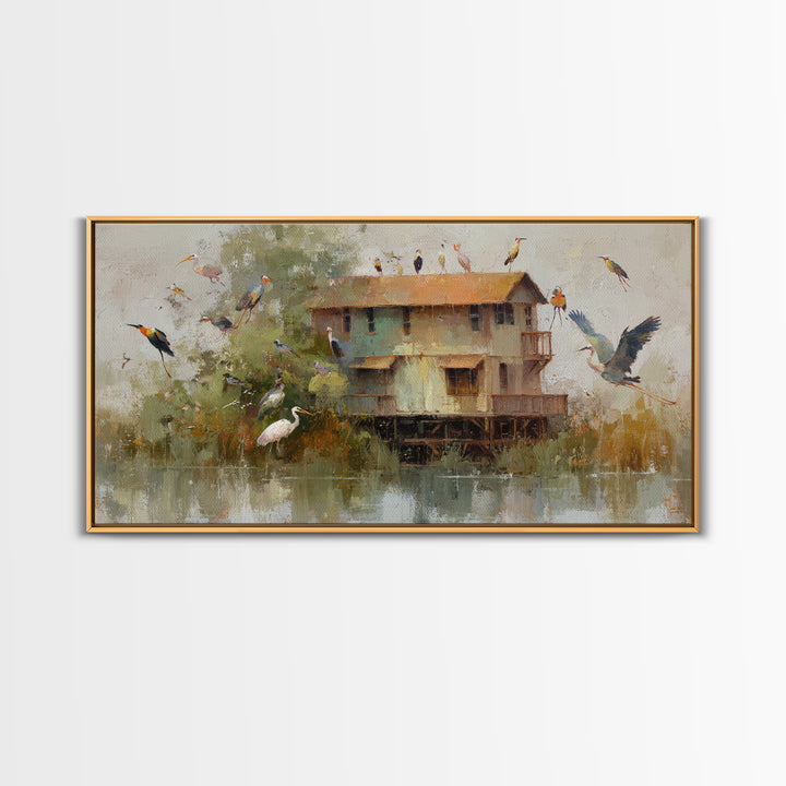 Floating House Carried by Colorful Birds Framed Canvas Print, Whimsical Art, Framed Wall Art, Living Room Decor, Wonder, WHI-2x1-3