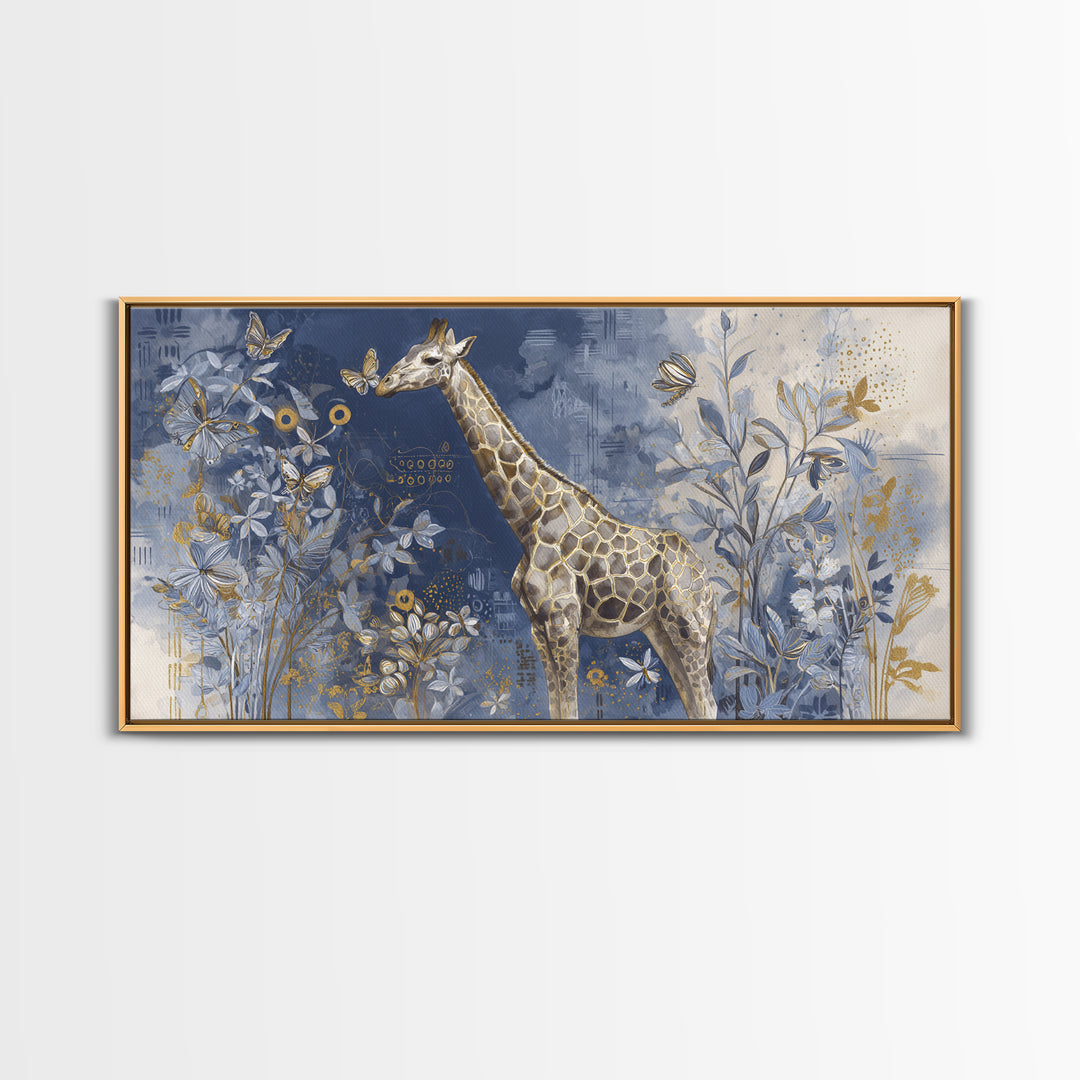 Giraffe with Scarf and Butterflies Framed Canvas Print, Whimsical Art, Minimalist Decor, Living Room Decor, Fine Art, Wonder, WHI-2x1-30