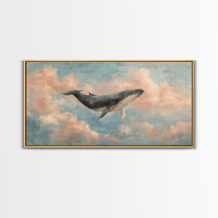 Whale Flying Through Clouds Like Ocean Framed Canvas Print, Whimsical Art, Art Print, Living Room Decor, Fine Art, Wonder, WHI-2x1-33