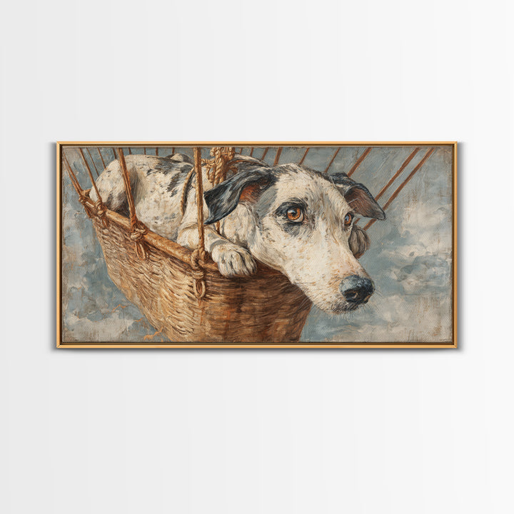 Dog in a Hot Air Balloon Framed Canvas Print, Whimsical Art, Contemporary Art, Living Room Decor, Fine Art, Wonder, Art Nouveau, WHI-2x1-34