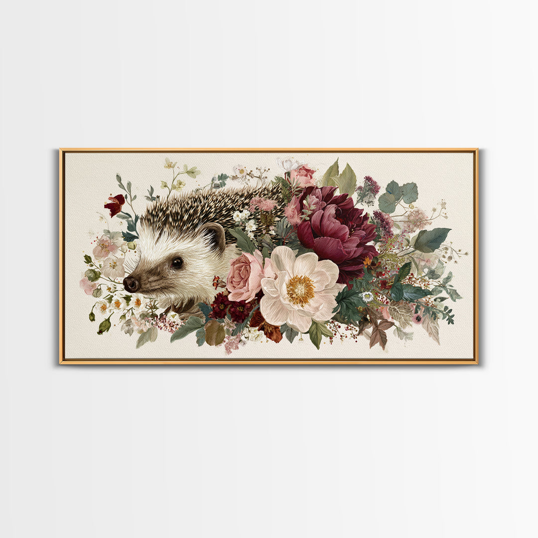 Hedgehog Carrying Wildflowers Framed Canvas Print, Whimsical Art, Wall Art, Living Room Decor, Watercolor Art, Wonder, WHI-2x1-35
