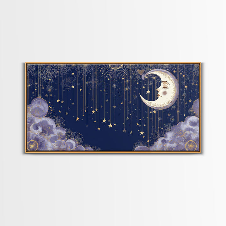 Moon with Sleeping Face and Dangling Stars Canvas Print, Whimsical Art, Home Decor, Living Room Decor, Fine Art, Wonder, WHI-2x1-36