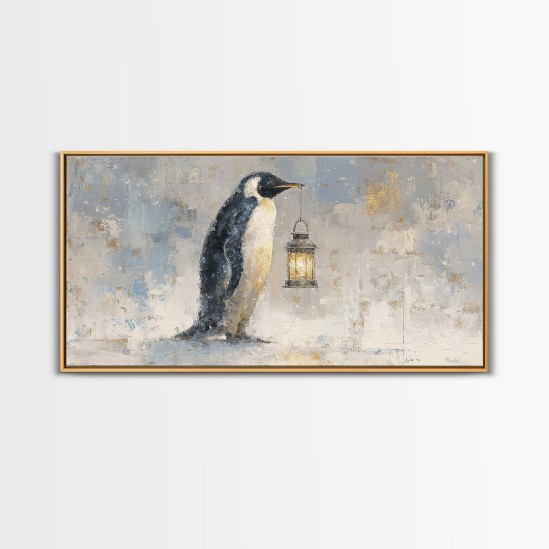 Penguin Holding a Lantern Framed Canvas Print, Whimsical Art, Digital Art, Living Room Decor, Fine Art, Wonder, Nursery, WHI-2x1-37
