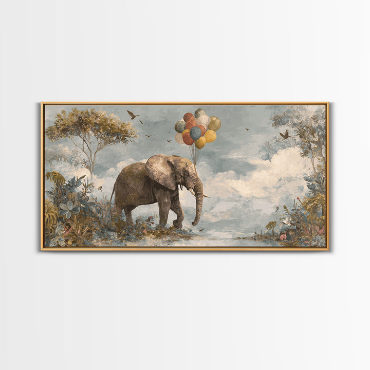 Elephant Holding Balloons Canvas Print, Whimsical Art, Whimsical, Living Room Decor, Oil Painting, Wonder, Nursery Art, WHI-2x1-47