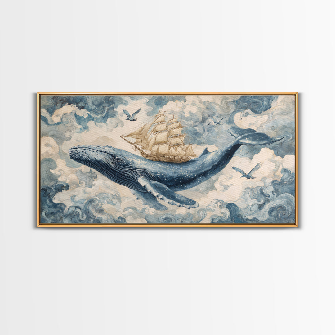 Whale Flying Through Clouds Like Ocean Canvas Print, Whimsical Art, Original Art, Living Room Decor, Fine Art, Wonder, WHI-2x1-57