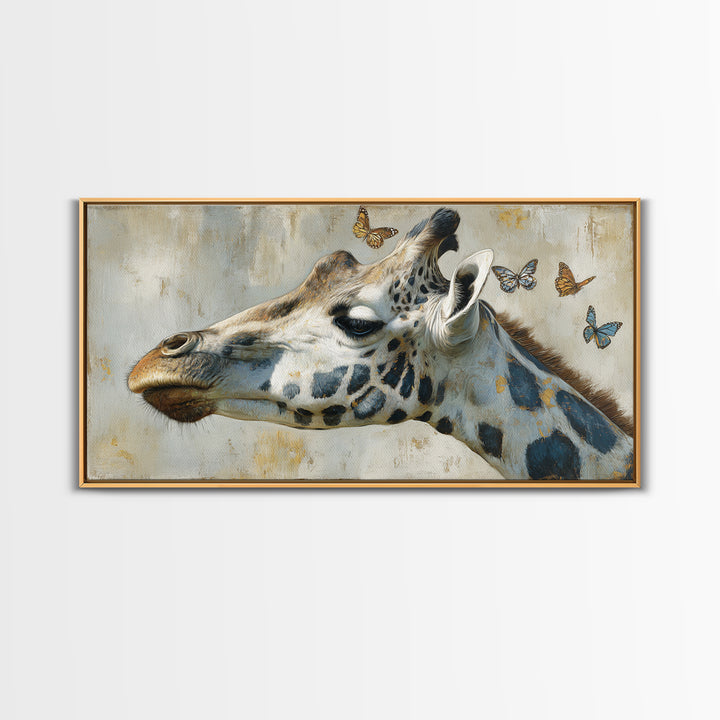 Giraffe with Scarf and Butterflies Framed Canvas Print, Whimsical Art, Minimalist Decor, Living Room Decor, Fine Art, Wonder, WHI-2x1-6