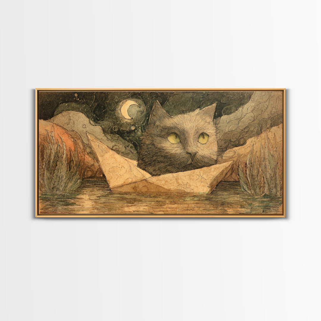 Cat Sailing a Paper Boat Canvas Print, Whimsical Art, Oil Painting, Living Room Decor, Fine Art, Wonder, Dark Academia Decor, WHI-2x1-70