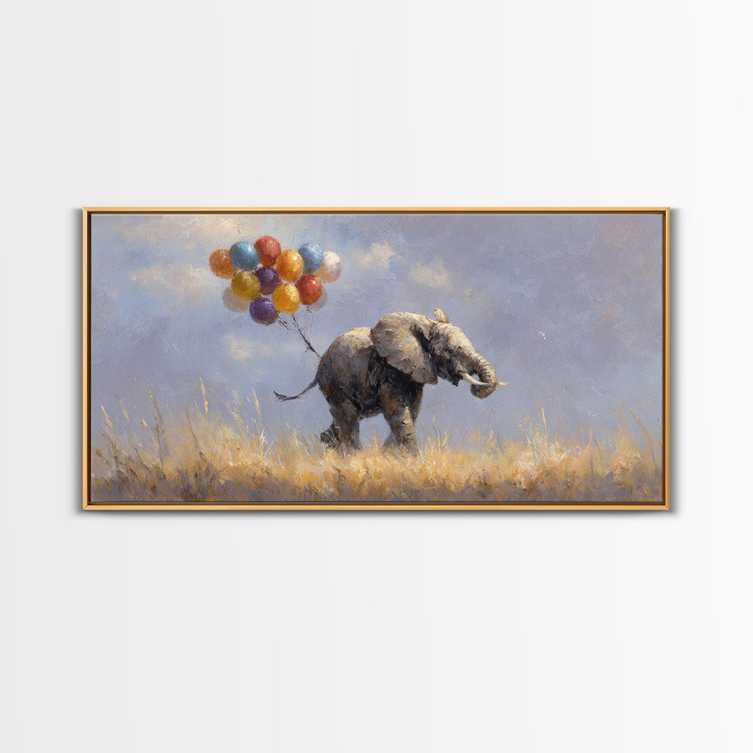 Elephant Holding Balloons Canvas Print, Whimsical Art, Bird Art, Living Room Decor, Abstract Art, Wonder, Textured Painting, WHI-2x1-71