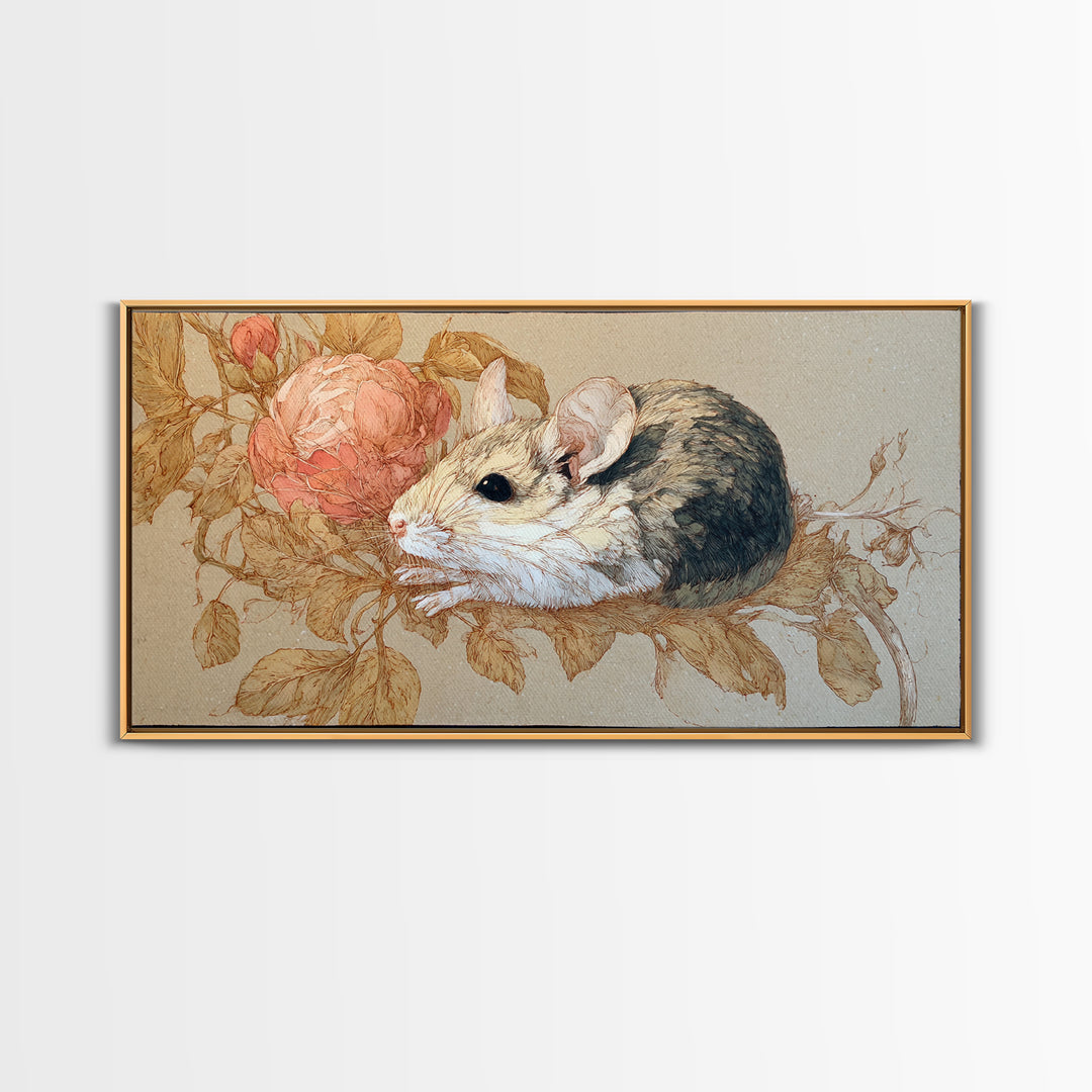 Mouse Ballerina in a Rose Garden Framed Canvas Print, Whimsical Art, Cat Art, Living Room Decor, Watercolor Art, Wonder, WHI-2x1-79