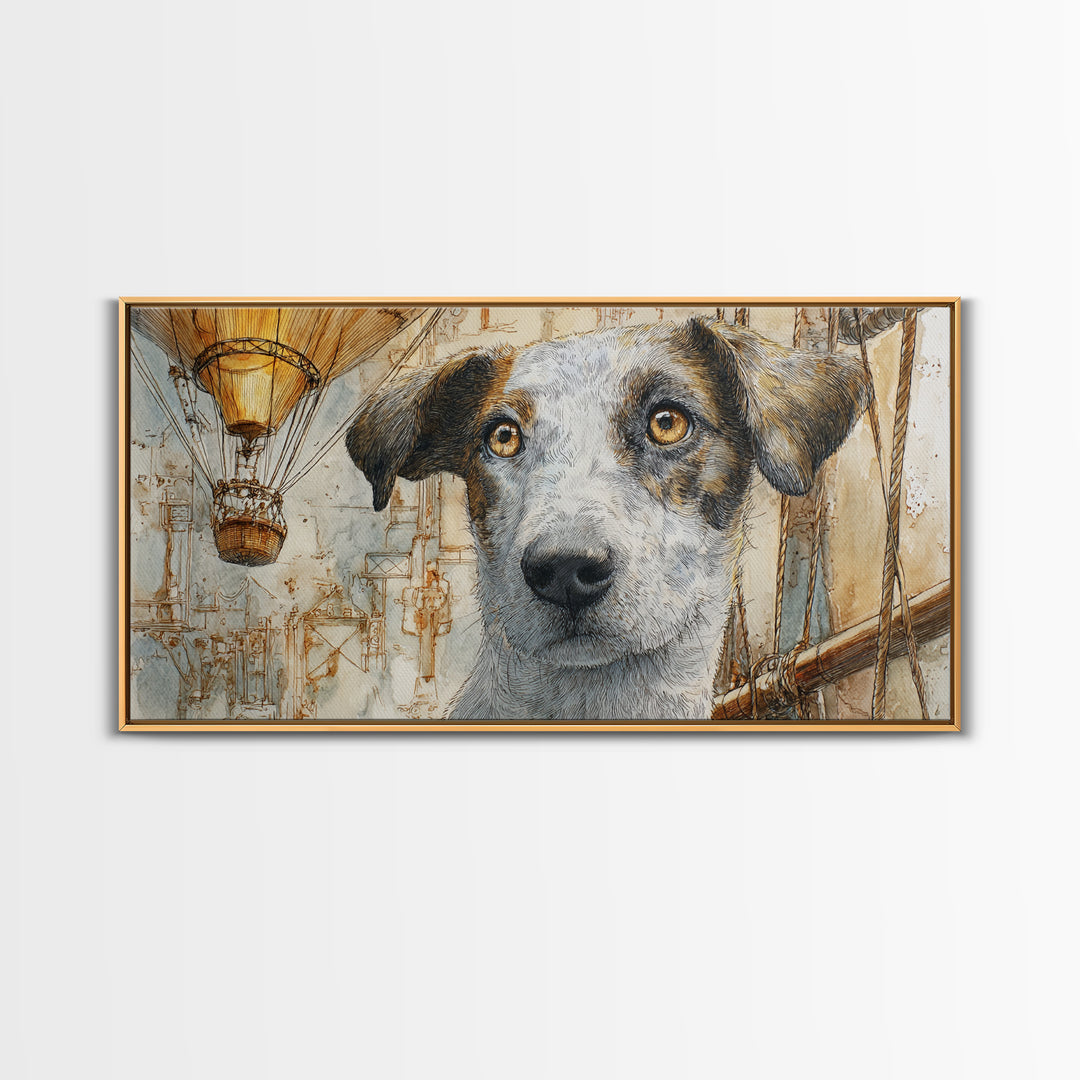 Dog in a Hot Air Balloon Canvas Print, Whimsical Art, Digital Art, Living Room Decor, Wonder, Nursery, Abstract Wall Art, WHI-2x1-82