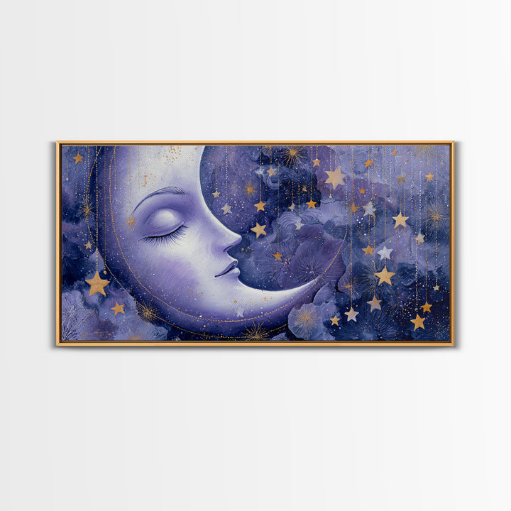 Moon with Sleeping Face and Dangling Stars Framed Canvas Print, Whimsical Art, Living Room Decor, Wonder, Gallery Decor, WHI-2x1-84