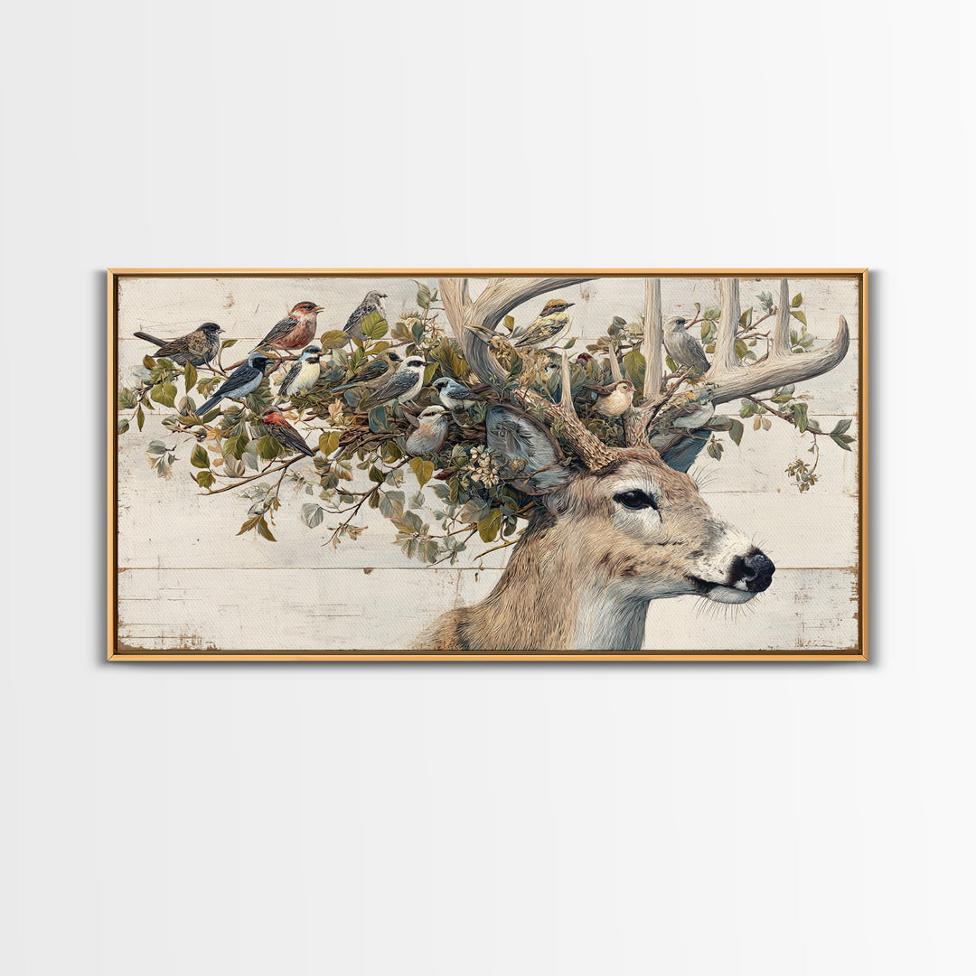 Deer with Antlers Full of Birds Framed Canvas Print, Whimsical Art, Nursery Wall Decor, Living Room Decor, Fine Art, Wonder, WHI-2x1-87