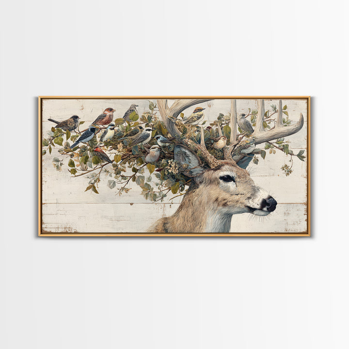 Deer with Antlers Full of Birds Framed Canvas Print, Whimsical Art, Nursery Wall Decor, Living Room Decor, Fine Art, Wonder, WHI-2x1-87