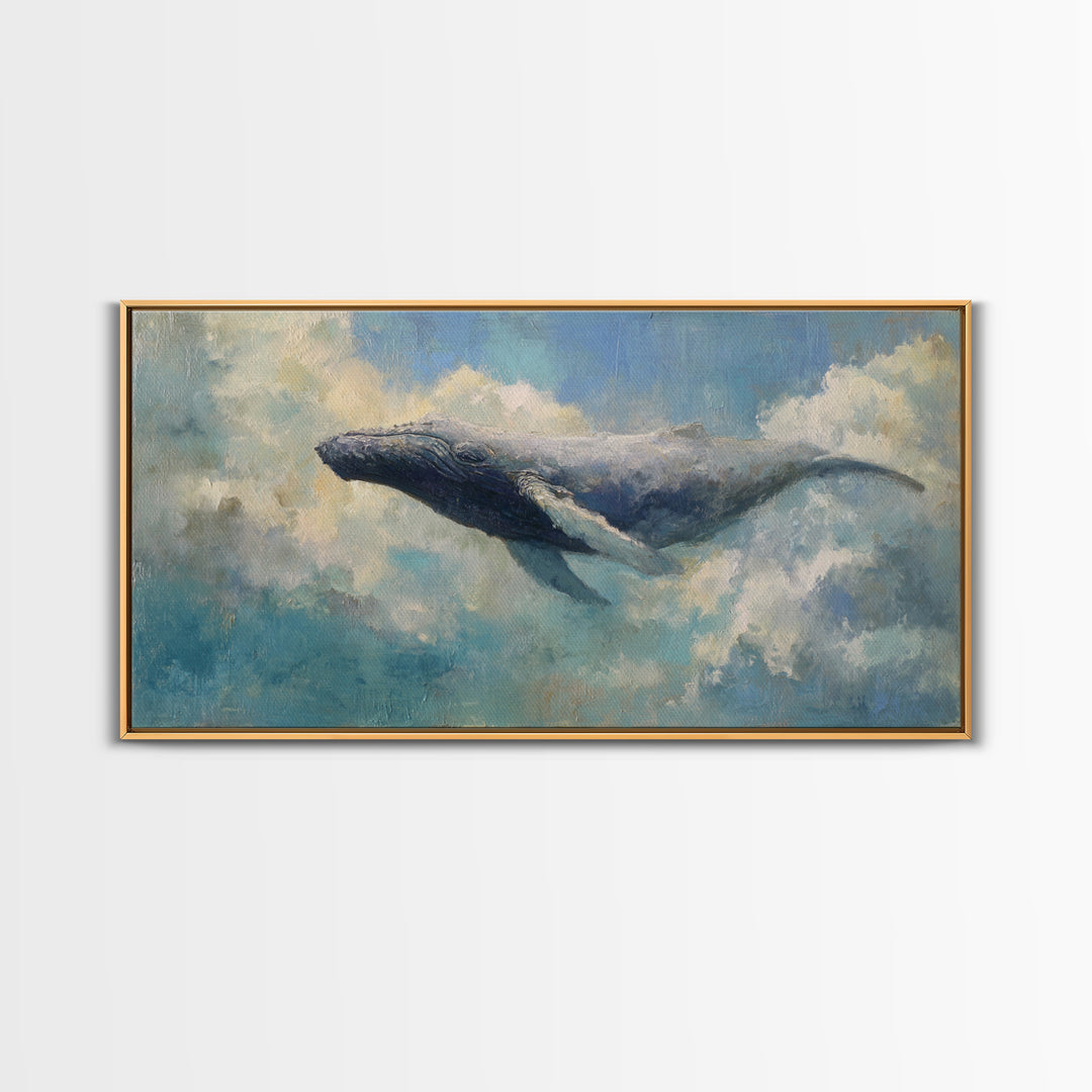 Whale Flying Through Clouds Like Ocean Framed Canvas Print, Whimsical Art, Art Print, Living Room Decor, Fine Art, Wonder, WHI-2x1-9