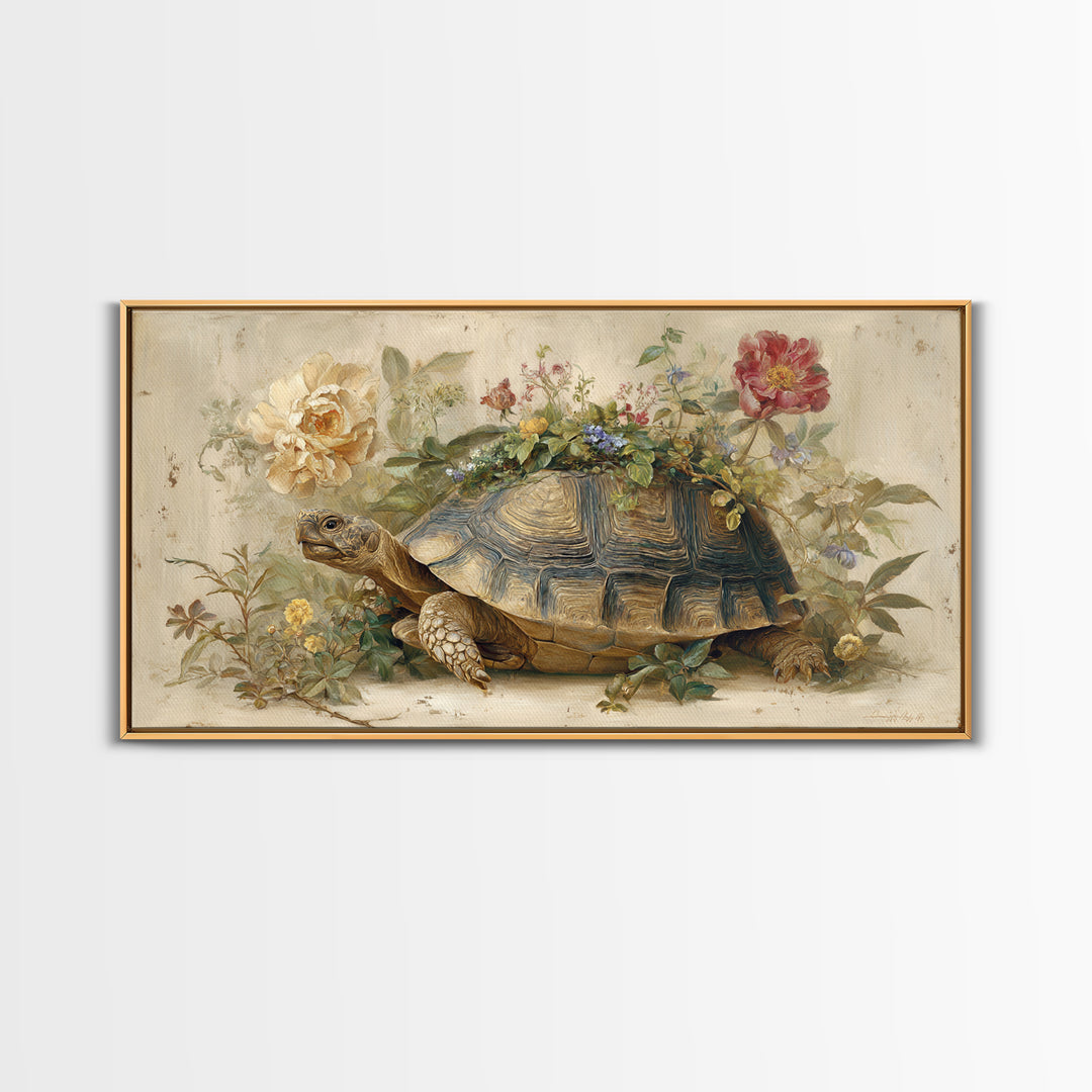 Turtle with Garden Growing on Shell Framed Canvas Print, Whimsical Art, Printable Wall Art, Living Room Decor, Fine Art, Wonder, WHI-2x1-90