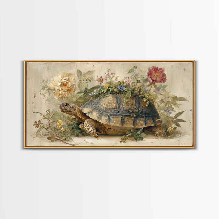 Turtle with Garden Growing on Shell Framed Canvas Print, Whimsical Art, Printable Wall Art, Living Room Decor, Fine Art, Wonder, WHI-2x1-90