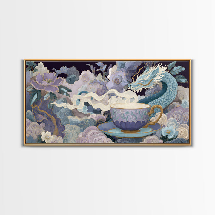 Dragon Curled Around a Teacup Framed Canvas Print, Whimsical Art, Whimsical, Living Room Decor, Oil Painting, Wonder, WHI-2x1-92