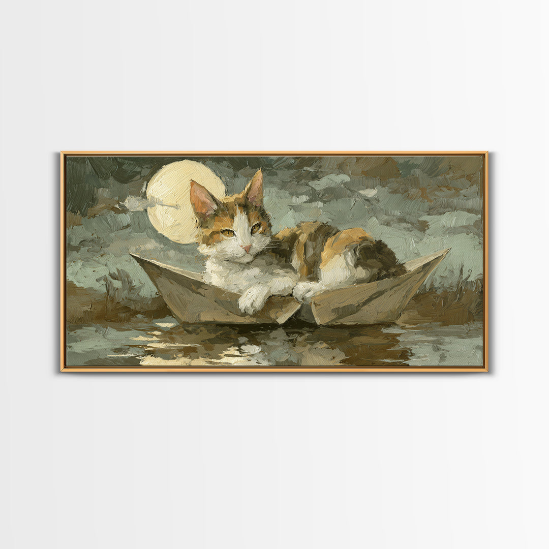 Cat Sailing a Paper Boat Canvas Print, Whimsical Art, Oil Painting, Living Room Decor, Fine Art, Wonder, Dark Academia Decor, WHI-2x1-94