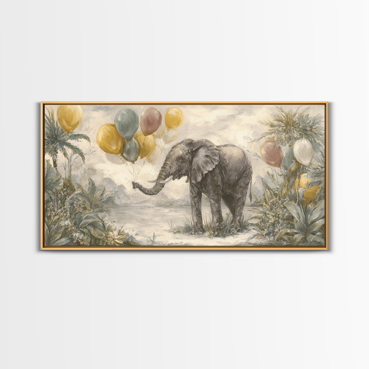 Elephant Holding Balloons Framed Canvas Print, Whimsical Art, Neutral Decor, Living Room Decor, Fine Art, Wonder, Home Decor, WHI-2x1-95