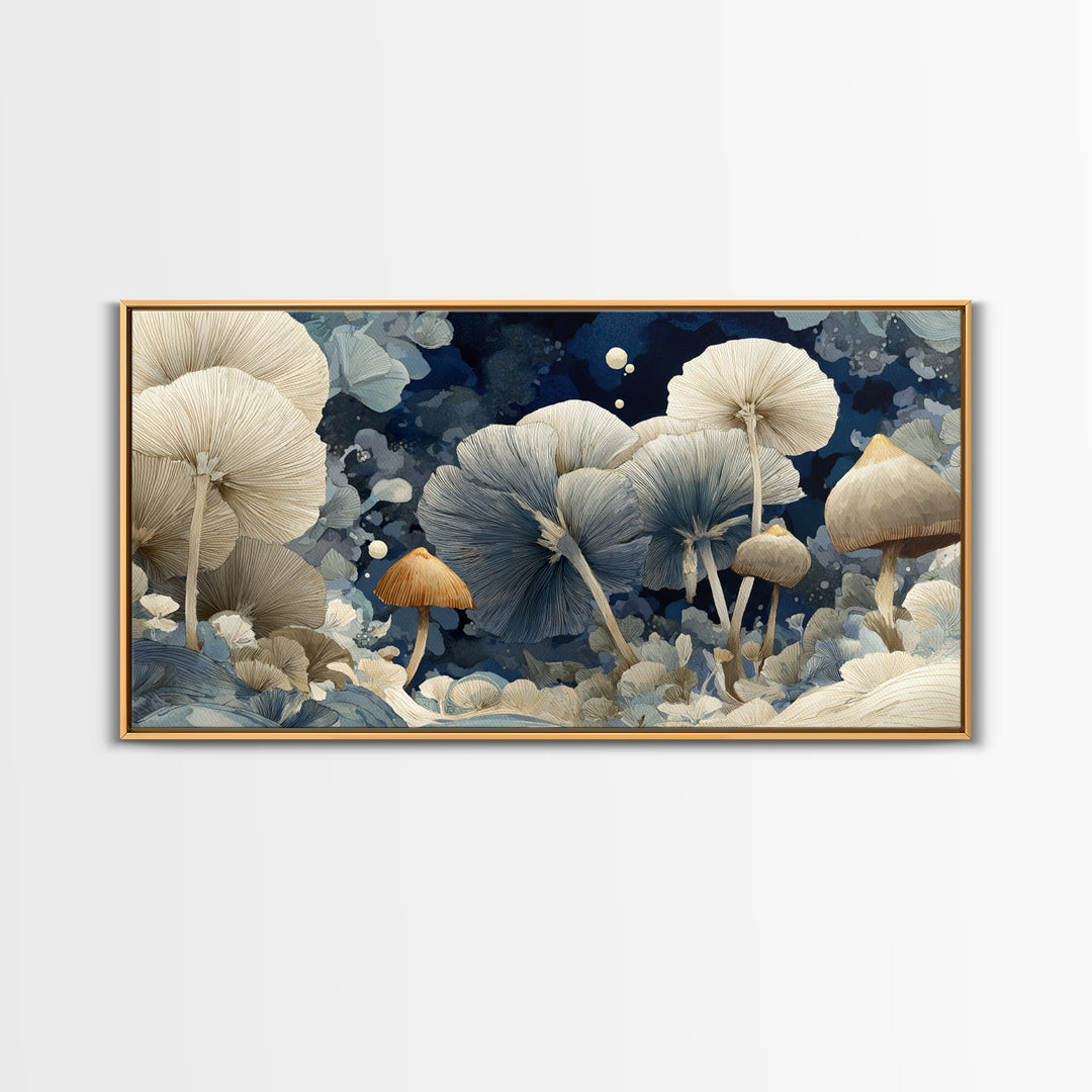 Teacup Garden with Tiny Mushrooms Framed Canvas Print, Whimsical Art, Dopamine Decor, Living Room Decor, Fine Art, Wonder, WHI-2x1-96