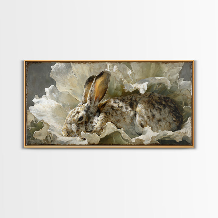 Rabbit Reading Beneath a Giant Flower Framed Canvas Print, Whimsical Art, Abstract Wall Art, Living Room Decor, Watercolor Art, WHI-2x1-97