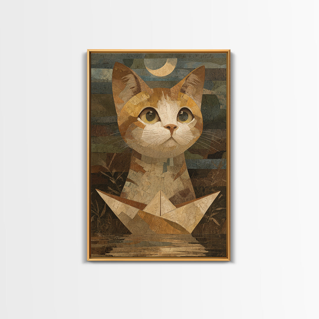 Cat Sailing a Paper Boat Canvas Print, Whimsical Art, Contemporary Art, Living Room Decor, Fine Art, Wonder, Art Nouveau, WHI-2x3-10