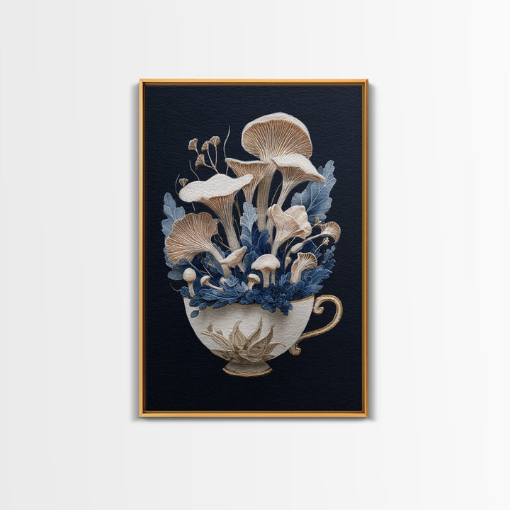 Teacup Garden with Tiny Mushrooms Framed Canvas Print, Whimsical Art, Printable Wall Art, Living Room Decor, Fine Art, Wonder, WHI-2x3-12