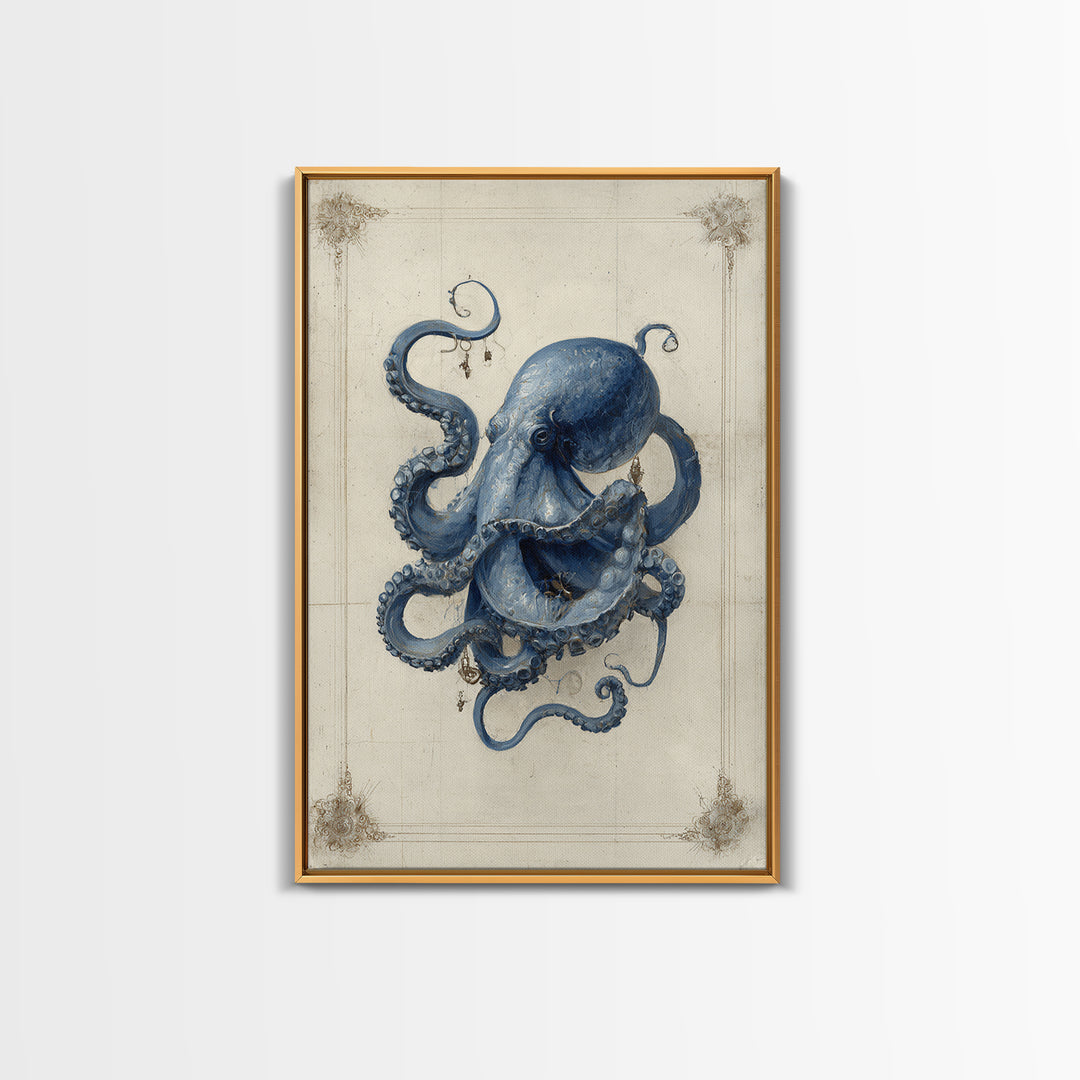 Octopus Conductor with Tiny Instruments Framed Canvas Print, Whimsical Art, Living Room Decor, Abstract Art, Wonder, WHI-2x3-2