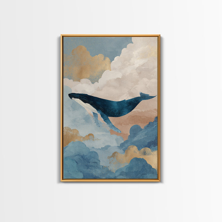 Whale Flying Through Clouds Like Ocean Framed Canvas Print, Whimsical Art, Printable Wall Art, Living Room Decor, Wonder, WHI-2x3-21