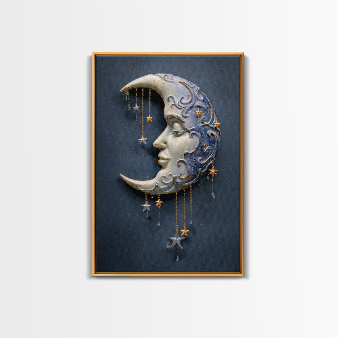Moon with Sleeping Face and Dangling Stars Framed Canvas Print, Whimsical Art, Modern Decor, Living Room Decor, Wonder, WHI-2x3-24