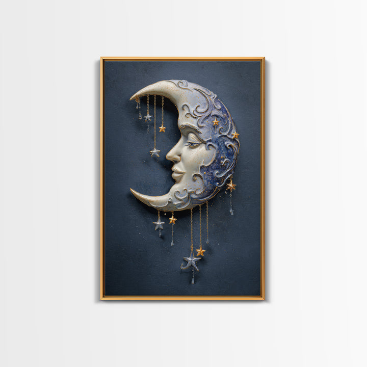 Moon with Sleeping Face and Dangling Stars Framed Canvas Print, Whimsical Art, Modern Decor, Living Room Decor, Wonder, WHI-2x3-24