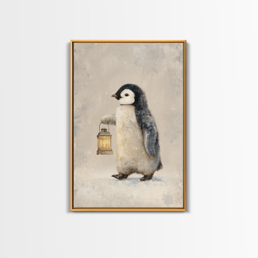 Penguin Holding a Lantern Framed Canvas Print, Whimsical Art, Oil Painting, Living Room Decor, Wonder, Dark Academia Decor, WHI-2x3-25
