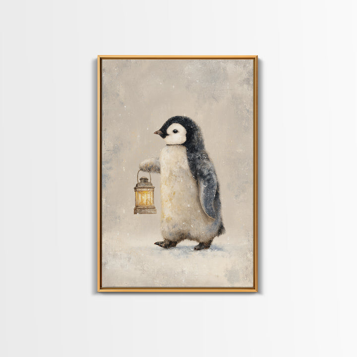 Penguin Holding a Lantern Framed Canvas Print, Whimsical Art, Oil Painting, Living Room Decor, Wonder, Dark Academia Decor, WHI-2x3-25