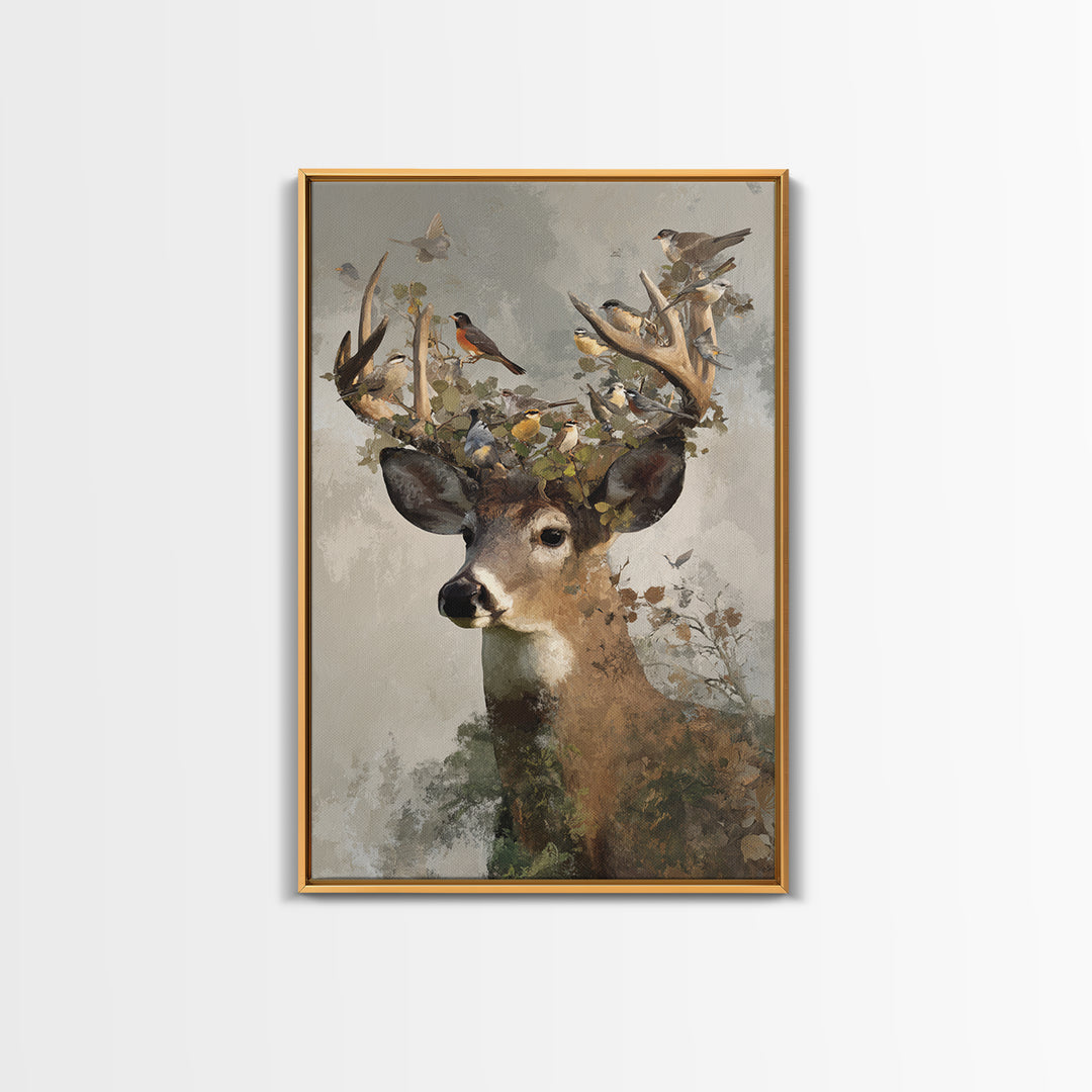 Deer with Antlers Full of Birds Framed Canvas Print, Whimsical Art, Room Decor, Living Room Decor, Wonder, Oil Painting, WHI-2x3-3