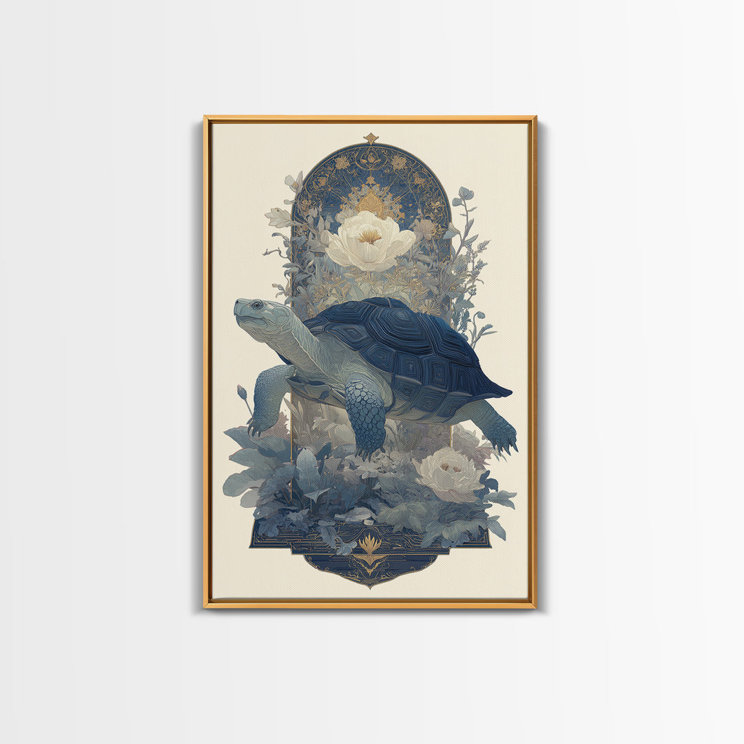 Turtle with Garden Growing on Shell Framed Canvas Print, Whimsical Art, Minimalist Decor, Living Room Decor, Oil Painting, WHI-2x3-30