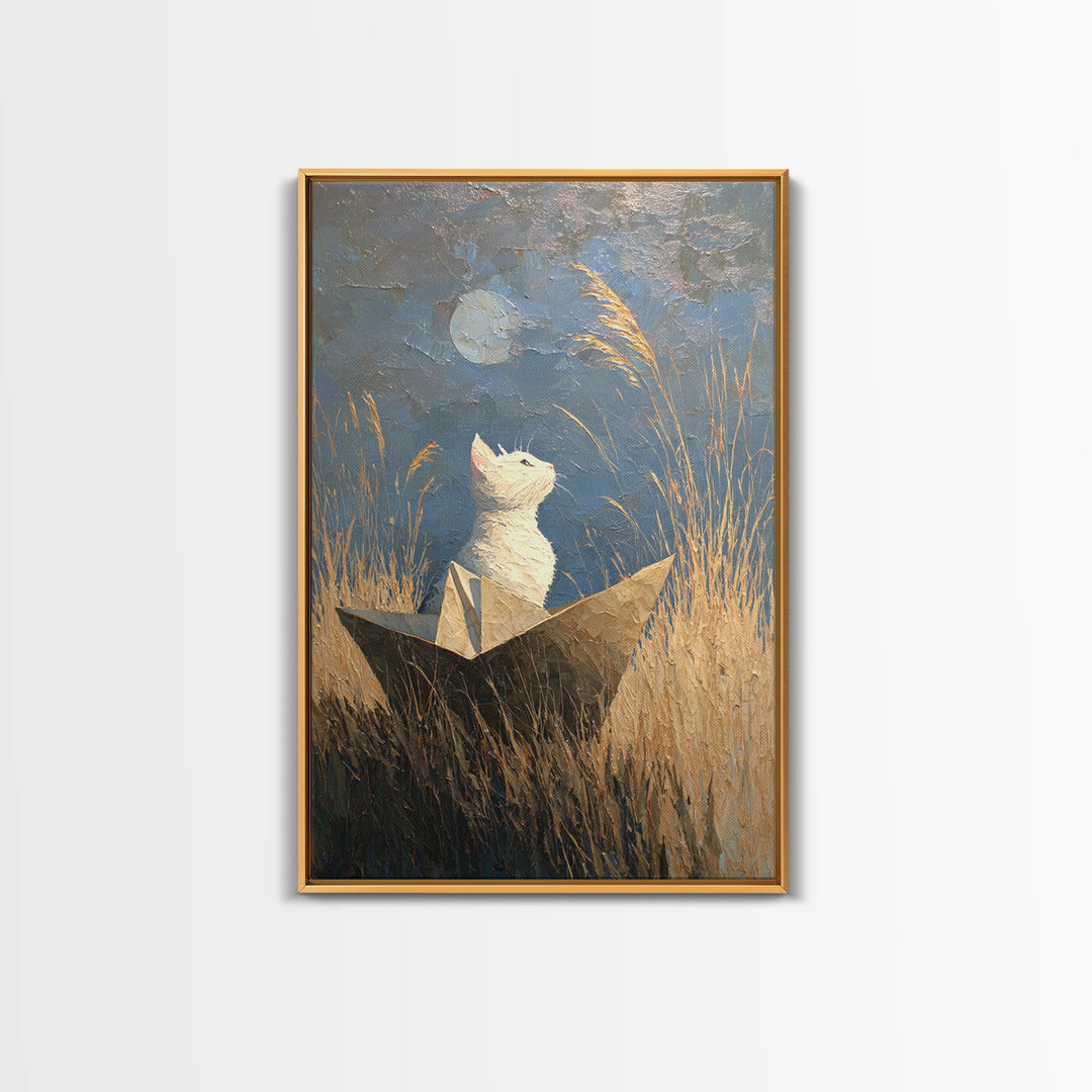Cat Sailing a Paper Boat Framed Canvas Print, Whimsical Art, Digital Art, Living Room Decor, Fine Art, Wonder, Nursery, WHI-2x3-34