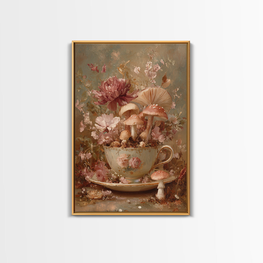 Teacup Garden with Tiny Mushrooms Framed Canvas Print, Whimsical Art, Watercolor Art, Living Room Decor, Fine Art, Wonder, WHI-2x3-36