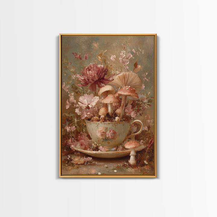 Teacup Garden with Tiny Mushrooms Framed Canvas Print, Whimsical Art, Watercolor Art, Living Room Decor, Fine Art, Wonder, WHI-2x3-36