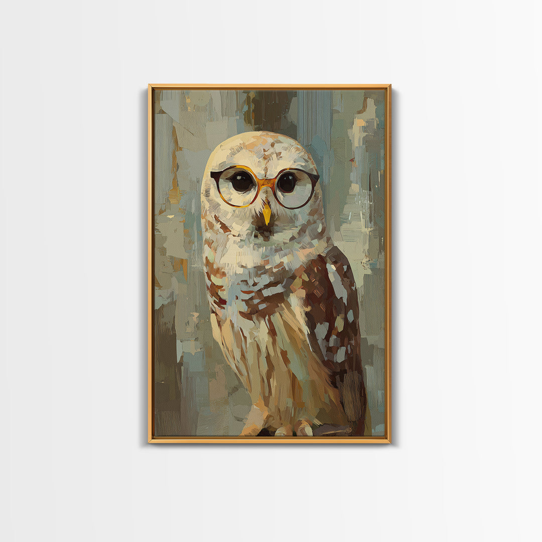 Owl Wearing Spectacles Among Stars Framed Canvas Print, Whimsical Art, Pet Portrait, Living Room Decor, Fine Art, Wonder, WHI-2x3-38