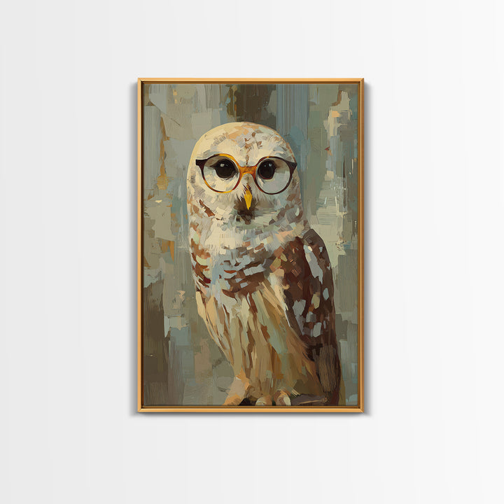 Owl Wearing Spectacles Among Stars Framed Canvas Print, Whimsical Art, Pet Portrait, Living Room Decor, Fine Art, Wonder, WHI-2x3-38